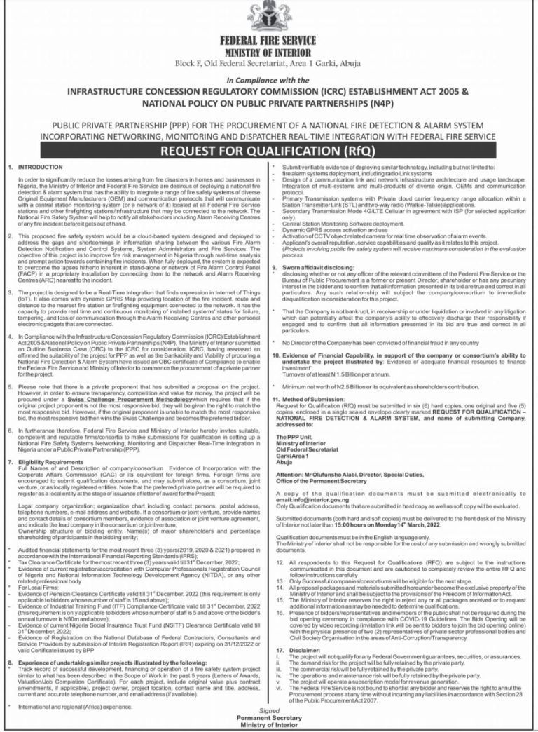 Request for Qualification: National Fire Detection & Alarm System