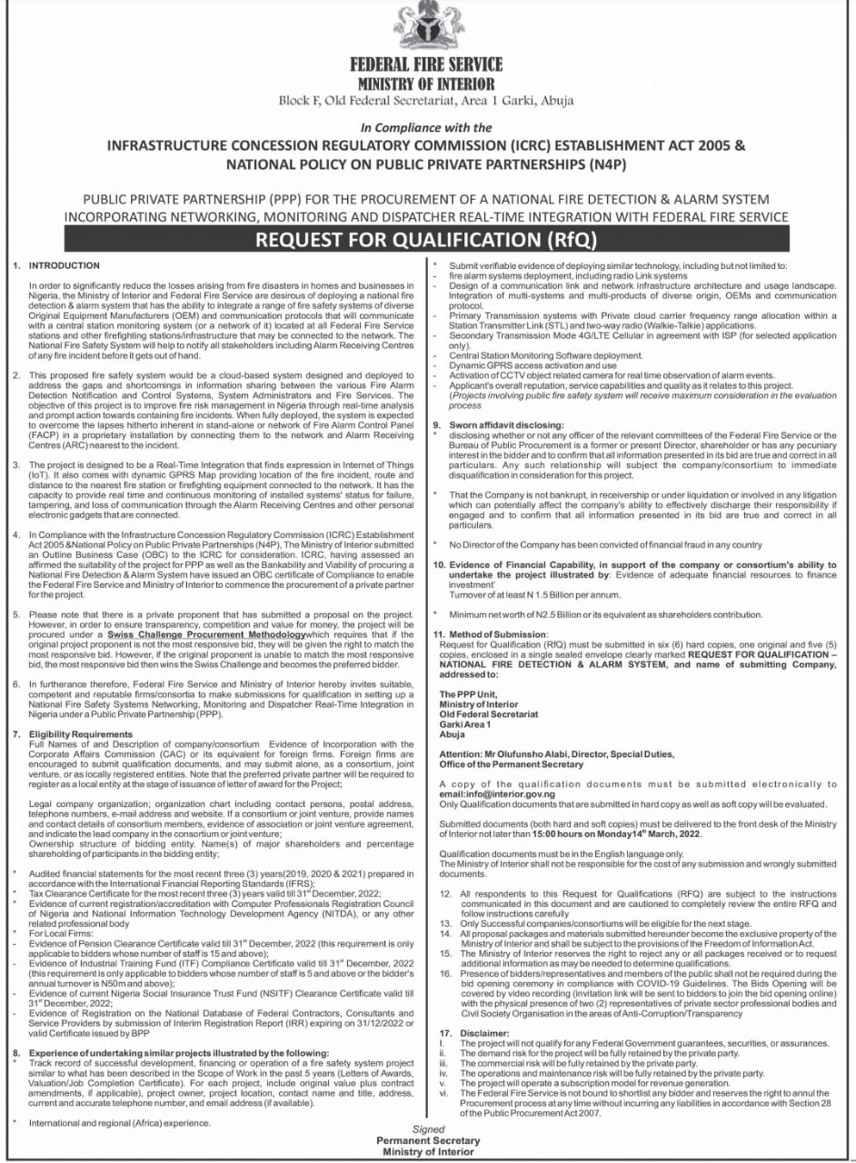 Request for Qualification: National Fire Detection & Alarm System
