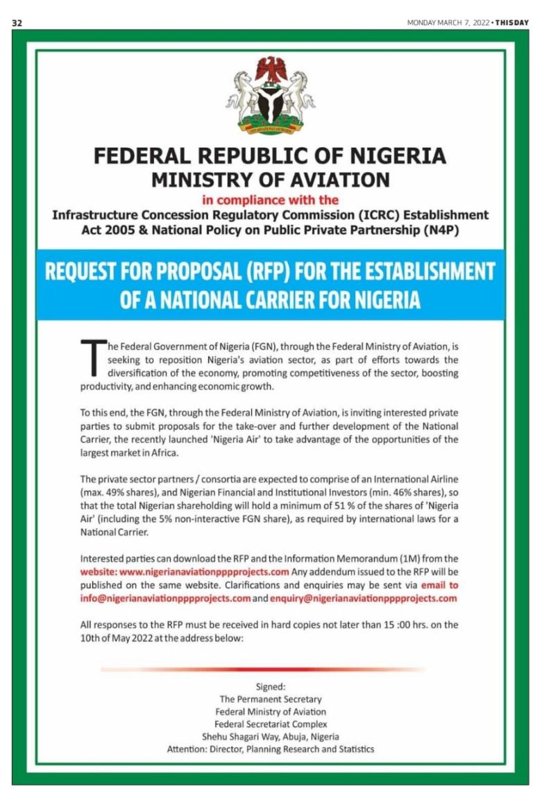 Request for Proposal (RFP) for the establishment of a National Carrier